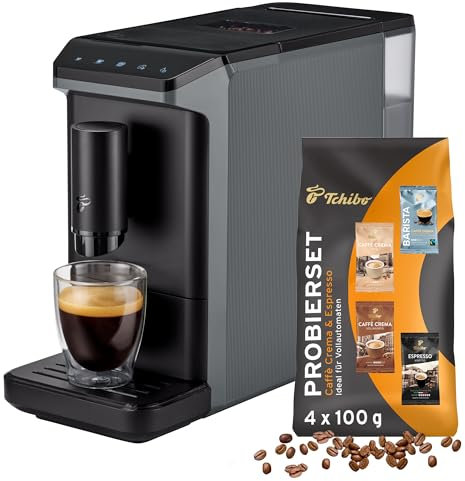 Tchibo Kaffeevollautomat Esperto mini für Caffè Crema und Espresso, nur 16cm breit, klein und kompakt, geeignet für jede Küche, Camping, Studentenapartment, Grau - INKLUSIVE Kaffeeprobierset GRATIS