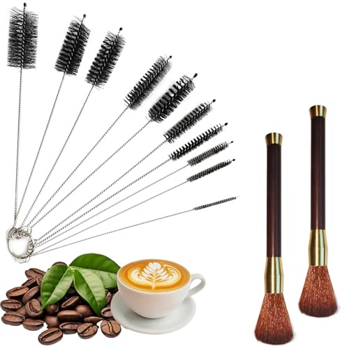 Kit de Limpieza para Máquina de Café, 12 Piezas|Cepillos de Acero Inoxidable para Portafiltros|Boquillas y Molinillos|Cerdas de Nylon de Alta Densidad con 2 Cepillos para Teteras|Accesorio Barista