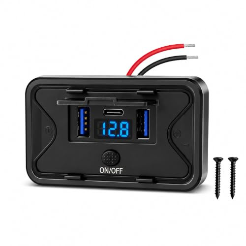TNSLAND 78 W USB-uttag, 12 V, husbil ytmonterad med taktil skalare, 3-port 1 x PD3.0 och 2 x QC3.0 USB-bussinfälld, 12 V USB C med LED voltmeter, USB-bussning för husbil, motorcykel, bil, fordon