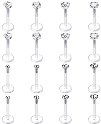 Mayhoop 16G 16Pcs Tragus Earrings Lip Rings Labret Studs Jeweled Cartilage Helix Earrings Flexible Clear Bar Medusa Piercing Retainer 6mm 8mm for Women Men