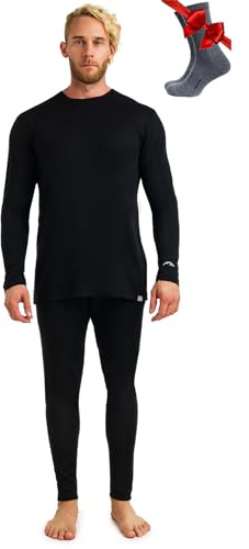 Merino.tech Conjunto Lana Merino Hombre - Camisa y Pantalon Termica Lana Merino con Calcetines Ligeros (Medium, 165 Lite Black)