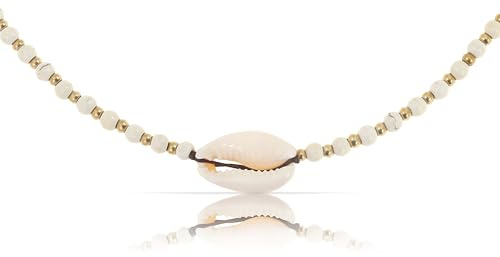 Made by Nami Surferhalsband med pärlor för kvinnor - Handgjorda festival- och strandaccessoarer - Hippie och Boho Beaded Choker Necklace - Färgglatt orientaliskt strandhalsband (White Shell)