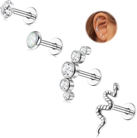 FIOROYAL 4 Stück 16G 𝐆𝟐𝟑 𝐓𝐢𝐭𝐚𝐧 Helix Piercings Ohrringe für Damen Hypoallergene Knorpel Ohrstecker Schlangen Ohrringe Tragus Piercing Set Conch Piercing Ohr 8mm