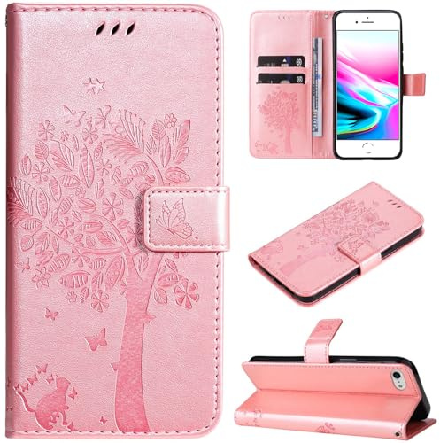 Hancda Fodral för iPhone SE 2022/iPhone SE 2020/iPhone 8/iPhone 7 läderfodral plånbok flipfodral med korthållare spår designmönster magnetiskt stativ rem stöttåligt telefonfodral, roséguld