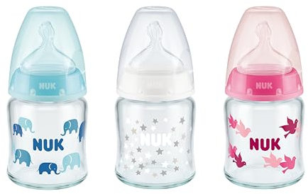 NUK First Choice+ Glas-Babyflasche mit Temperature Control, kiefergerechter Trinksauger, 120ml, 0-6 Monate, 1 Stück, Farbe nicht frei wählbar