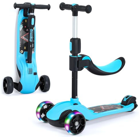 BremToy Roller Kinder mit Abnehmbarer Sitz, Kinder Roller mit Stufenlos Einstellbar, Kinder Scooter mit PU Rädern, Faltbarer Kinderroller für Kinder von 1-12 Jahren (Blau)
