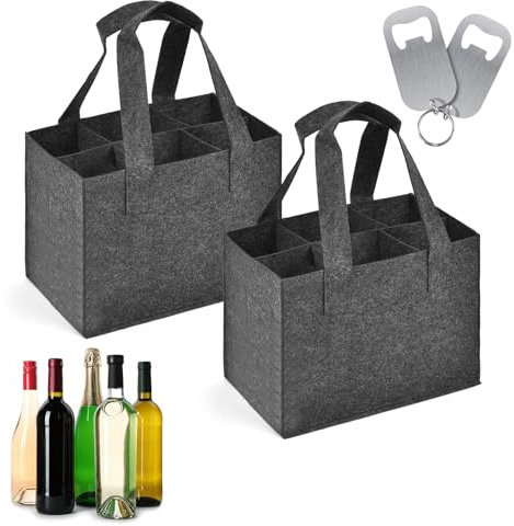 HOTUT Flaschentasche 6 Flaschen, 2 Stück Flaschenträger Filz mit Flaschenöffner, Männerhandtasche Flaschenkorb Filztasche für Vatertag, Geburtstag, Getränketasche für Reise Picknick Einkaufen