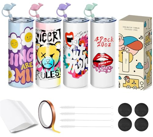 Goanueei Sublimation Tumblers Bulk Skinny Straight Tumbler Blanks 20oz, 4 Pack Individual Gift Boxed, Double Wall Insulated Tumbler for Heat Transfer with Shrink Wrap Films, Straws, Adhesive Tape