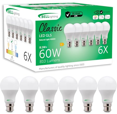 BELL Lighting B22 BC Bayonet LED GLS Bulbs Natural White 8.1W 810lm 6 Pack