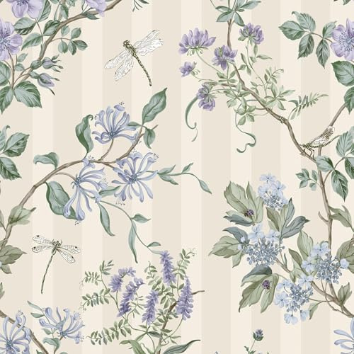 Hampton Gardens klassiska randiga tapeter med blommor och djur, perfekt för sovrum, vardagsrum, mysiga lounger, mjuk neutral/blå 13911