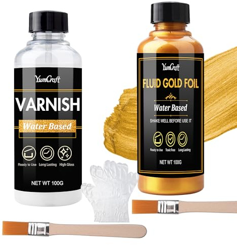 Acrylic Paint Metallic 200ml - 100ml Liquid Gold Leaf Paint & 100ml Gloss Varnish, Water-Based Non-Toxic Fast Dry Ultra Shiny, Multi-Surface for Art Craft DIY Wood Canvas Metal Fabric Clay Furniture