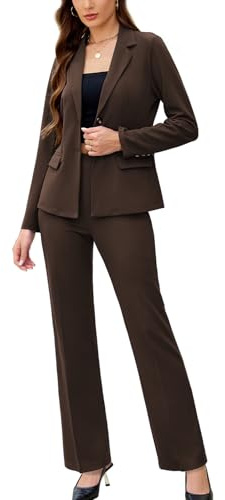 Women's 2 Piece Suits Business Casual Outfits Long Sleeve Solid Blazer with Pants Professional Office Work Sets Brown