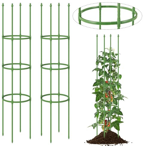 COSTWAY Tomater växtstöd set om 2, justerbar höjd | 6 ringar, tomatbur växtbur trädgård, växtstöd för klätterväxter gurkor blommor, metall och plast, grön, 145 cm hög