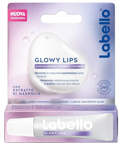 Labello Glowy Lips 10 ml, Burrocacao labbra ultra idratante 24h dal finish luminoso, Lip gloss lucidalabbra con Acido Ialuronico + Vitamina E + Glicerina ed estratto di Magnolia, Balsamo labbra secche