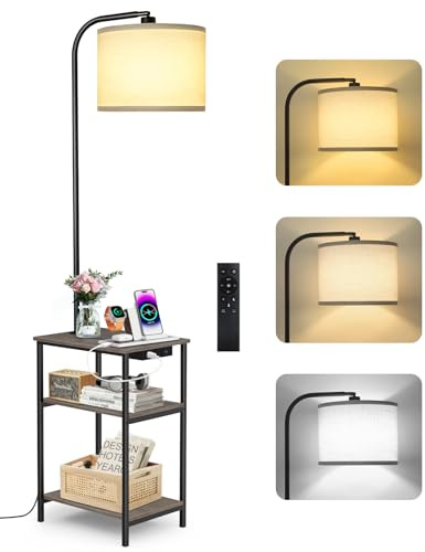 OUTONLIFE Lampada da Terra con Tavolino, LED Dimmerabile con Telecomando, 3 Temperature Colore, Mensola con Ricarica USB per Soggiorno Camera Ufficio