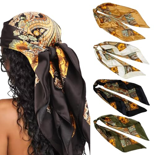 Evadollina Bandana, 4 stycken dambandana, sidenscarf, 90 x 90, festivaltillbehör, sidenhalsduk, sjal, festivalhårsmycken, damhalsduk, hårscarf