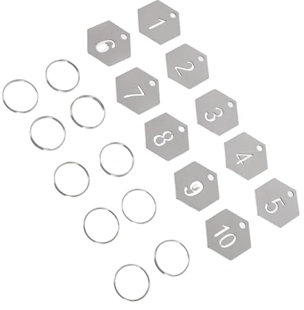 Veemoon Lot de 10 Étiquettes Numérotées en Acier Inoxydable Hexagonales Porte-Clés Numérotés de 1 à 10 Résistantes à la Corrosion avec Anneau Renforcé pour Clés Casiers et