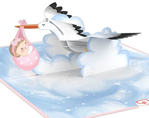 papercrush® Pop-Up Card Baby Girl - 3D Birth Card with Stork, Congratulations on Newborn Daughter, Handmade Baby Shower Gift