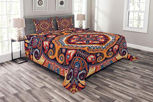 ABAKUHAUS Paisley Tagesdecke Set, Blumenteppich, Set mit Kissenbezügen Waschbar, für Einselbetten 170 x 220 cm, Mehrfarbig Dunker Nachtblau