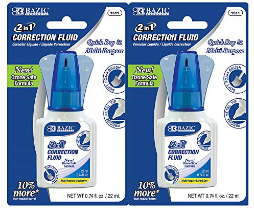 BAZIC Products White Out Liquid Correction Fluid, 2-in-1, 22 mL, 2-Pack