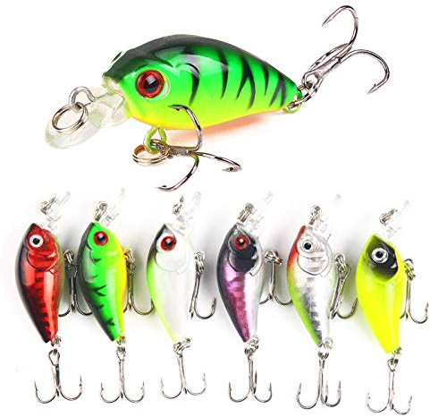 6 señuelos de pesca duros cebos de crankbait para lubina, poco profunda, buceo, cebo de agua salada dulce para lucios, truchas y peces rojizos, engranajes de pesca con ojos 3D y ganchos fuertes