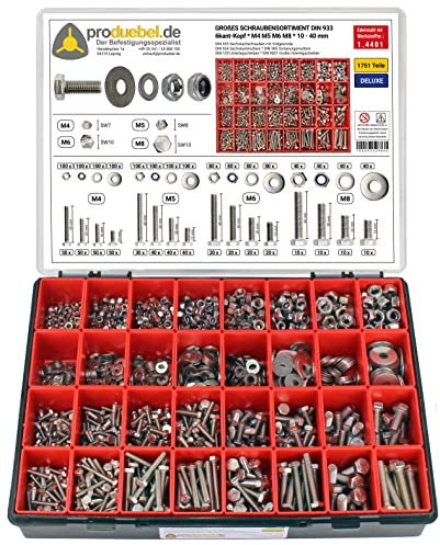 Großes Schrauben-Sortiment DIN 933 M4/M5/M6/M8 Edelstahl A4 V4A (DIN933+934+985+125+9021) 1751-tlg (Deluxe-Box)