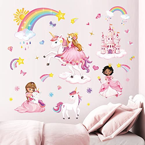 wondever Wandtattoo Prinzessin Einhorn Wandaufkleber Schloss Regenbogen Wandsticker Wanddeko für Kinderzimmer Mädchen Babyzimmer Schlafzimmer