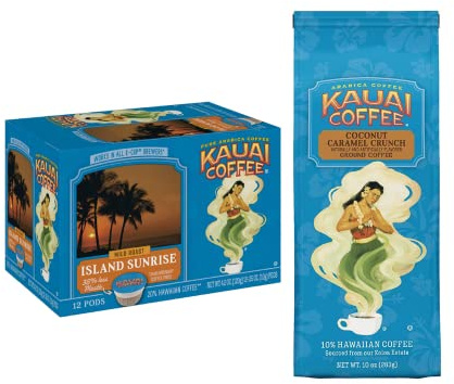 Kauai Variety, 1 Kauai Coconut Caramel Crunch, Ground Coffee, 10 OZ, 1 Kauai Island Sunrise, Single-Serve Pods, Mild Roast, Coffee, 12 CT, 1 CT