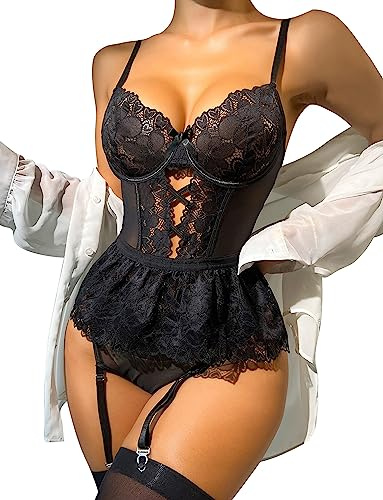 FEOYA Women's Sheer Mesh Garter Belt Corset Set Garter Lingerie Set Lace Bodysuit Sexy Suspenders Belt Garter Belt Lingerie Leotard Outfits Underwear Black