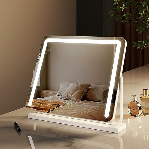 EMKE LED Hollywood Schminkspiegel mit Beleuchtung - Rechteck Hollywood Spiegel mit Dimmbar, 360° drehbar, Speicherfunktion, 3 Lichtfarben, Beleuchteter Kosmetikspiegel - Weiß, 60x52cm