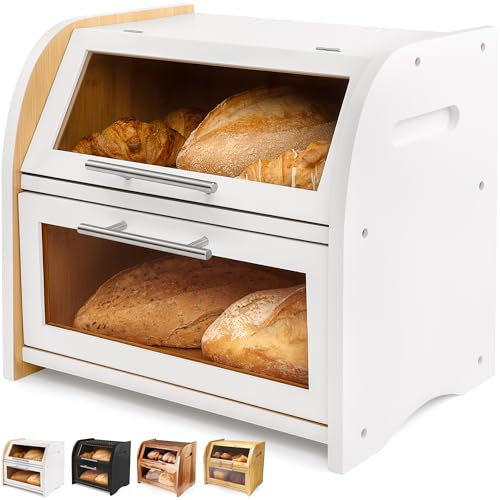 Apace Living Arise Stylish Bread Bin for Kitchen Countertop, Extra Large 2-Shelf Wooden Bread Box with Clear Windows and Air Vents Keeps Bread, Bagels and Rolls Fresh. 40 x 26.4 x 36.5, Self Assembly