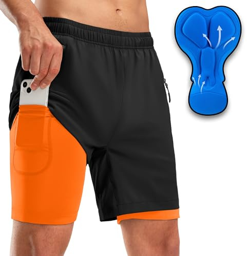 Men's Mountain Bike Shorts 3D Padded Loose-fit Biking Riding Cycling Bicycle Biker Cycle Padding Shorts for Men Zipper Pockets(Black Orange,L)