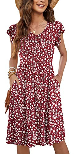 MOLERANI Women Summer Dresses Ruffle Sleeve V Neck Casual Swing Elastic Waist Midi Dress with Pockets Floral Red M
