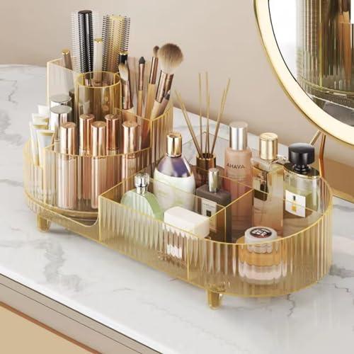 Booklov Rotating Makeup Organizer for Vanity, Large Capacity Cosmetic Display Case, Clear Acrylic Countertop Beauty Storage Holder for Skincare, Brush Eyeshadow Lipstick, Counter Desk, Crystal Amber