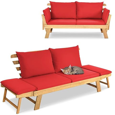 GIANTEX Liegesofa mit klappbaren Seitenlehnen, Gartenbank Sitzbank mit Auflagen, Sonnenliege Gartenliege aus Akazienholz, Multifunktionsbank Balkonbank Parkbank Gartenmöbel, grau/beige (rot)