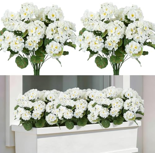 Laelfe 4 Pcs Geranios Artificiales Exterior, Ramo de Geranios Flores Artificiales para Exterior Interior Hogar Jardin Patio Balcón Maceta Colgante Decoración de Mesa (Blanco, 4 Pcs)