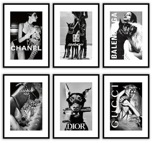 MilkAndCoffeeLab® Set 6 Poster Fashion, Immagini Glamour, stampe artistiche, marchi di moda, decorazioni per pareti casa, soggiorno, camera. Senza cornice. (Fashion Brands b/n, A4 cm 21x29,7)