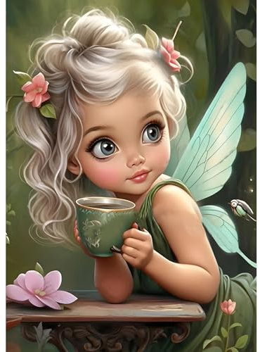 DPHERO DIY Fee Diamant Painting Bilder für Erwachsene Anfänger,5D Mädchen Diamond Painting Set,DIY Runde Steine Kaffee Diamant Kunst Kits,Fantasie Diamant Painting für Zuhause Dekor 30x40 cm