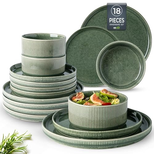 GBhome Juego de vajilla de cerámica para 6 personas, juego de platos y cuencos hechos a mano de esmalte reactivo de 18 piezas, resistente a los arañazos, apto para lavavajillas y microondas (verde