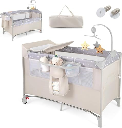 RELAX4LIFE 5 en 1 Cuna Infantil Bebe con 2 Ruedas Bloqueables, Cambiador, Correa Fijación, Caja de Música y 3 Juguetes Colgantes, Cuna con Colchón y Bolsa de Transporte para Bebés 0-36 Meses (Beige)