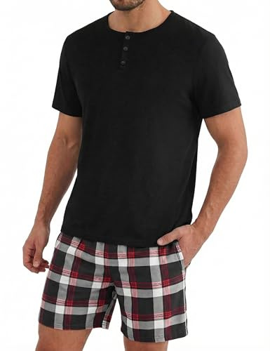 Uniexcosm Pijama Corto de Hombre Verano Conjunto de Pijama Hombre Corto Manga 2 Piezas Ropa de Dormir Camisetas Manga Corta y Pantalones Cortos a Cuadros Negro XL