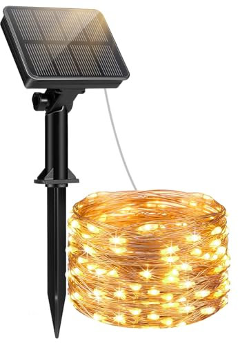 btfarm 8M 80LED Luci Natale Esterno Solari, Catena Luminosa Esterno Solare, 8 Modalità Impermeabili Filo di Rame Led Lucine Natalizie Energia Solare Decorative Per Giardino Albero, Bianco Caldo
