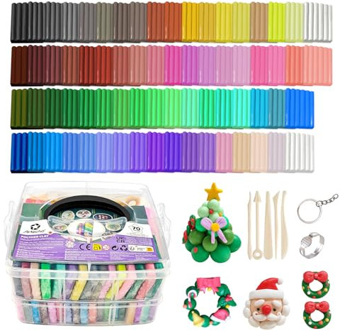 Artecho Kit de arcilla polimérica, 70 colores para modelar, con 5 herramientas de esculpir arcilla y accesorios para bricolaje, diseño de joyas, decoración del hogar y escultura artística