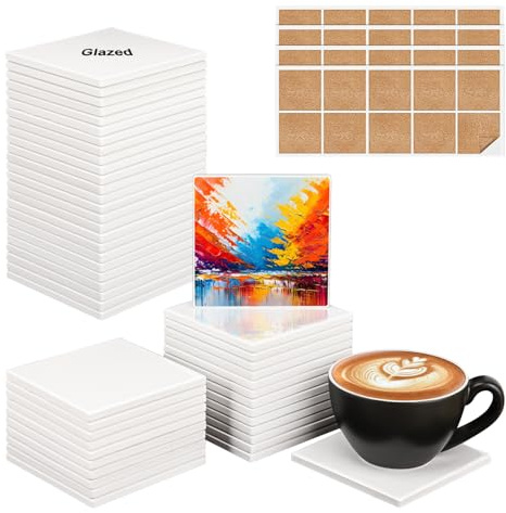 IHDYPPEW 50 Pack 4 x 4 Inch Square Sublimation Ceramic Tiles for Crafts, Sublimation Ceramic Coasters Tiles with Cork Backing Pad, Perfect for DIY Crafts and Sublimation Projects(Glazed)