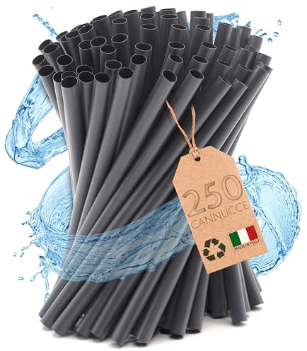 250 Cannucce Nere in Cellulosa di Legno - lunghe 13,5 cm x 7 mm - Cannucce in bio legno, adatte per cocktail, catering e bar. Resistenti fino a 40 gradi