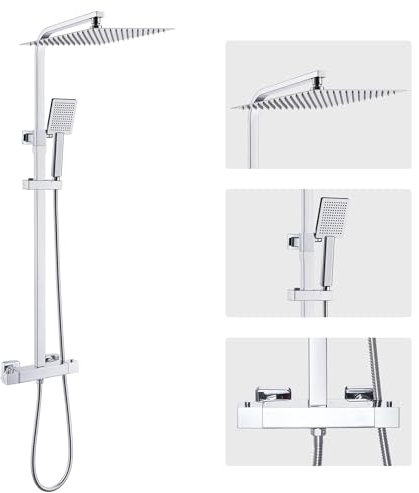 Auralum Duscharmatur Komplettset mit Thermostat aus Edelstahl, Regendusche mit Armatur Thermostat, Duschset mit 30X30cm Duschkopf, Höhenverstellbar 80-124cm (Chrom)