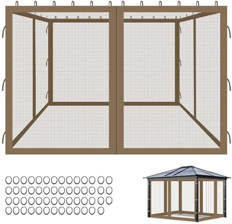 Moustiquaire pour Gazebo/Pavillon - Protection Anti-Moustiques & Insectes, Toile Respirante Durable avec Fermeture Éclair et Accroches Plastique, pour Jardin, Terrasse, Camping (Kaki, 10 * 12ft)