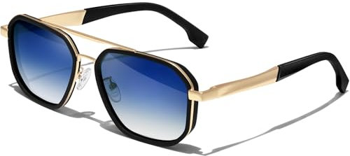 KANASTAL Sonnenbrille Herren Polarisiert Retro Klassische Quadratisch Sonnenbrillen mit Premium Metallrahmen UV400 Schutz, Matt Schwarz Gold Rahmen Blau Gläser