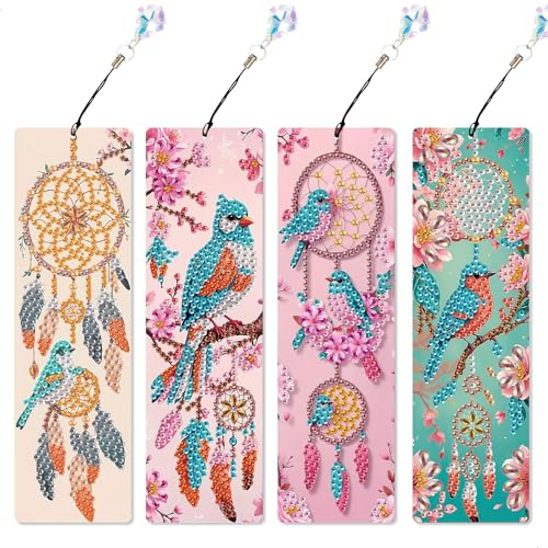 Diamond Painting Marque Page,5D Painting Diamant Bookmark avec Glands,DIY Marques Pages Fleurs Oiseaux pour Lecteur et Etudiant Graduation Cadeau D'anniversaire et Marqueur de Page,4 Pièces