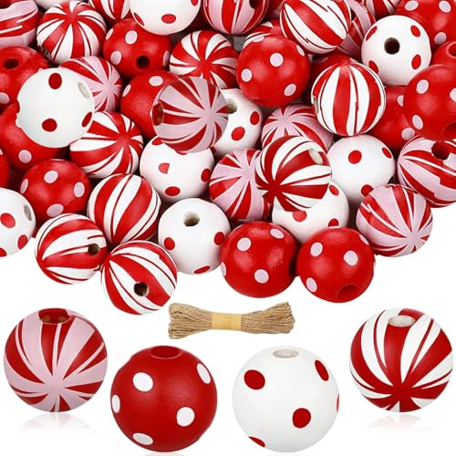Juego de Cuentas de Navidad, 100 Cuentas de Madera Navideñas, Cuenta Madera de Colores, Cuenta Manualidades Navideñas, Decoraciones Navideños para Arboles de Navidad, Coronas, Porches